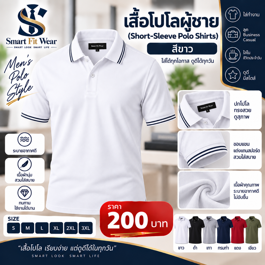 👕 เสื้อโปโลแขนสั้น สีขาว