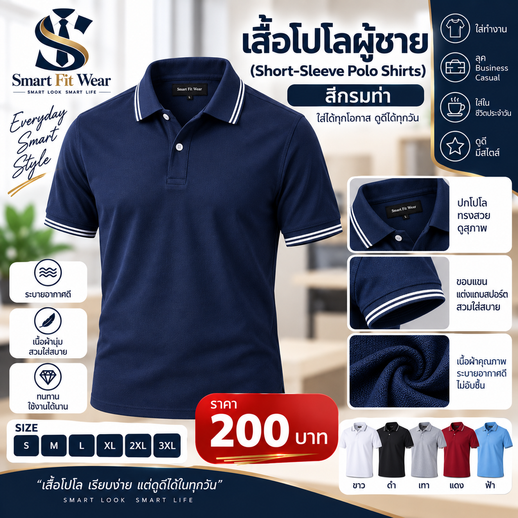 👕 เสื้อโปโลแขนสั้น สีกรมท่า