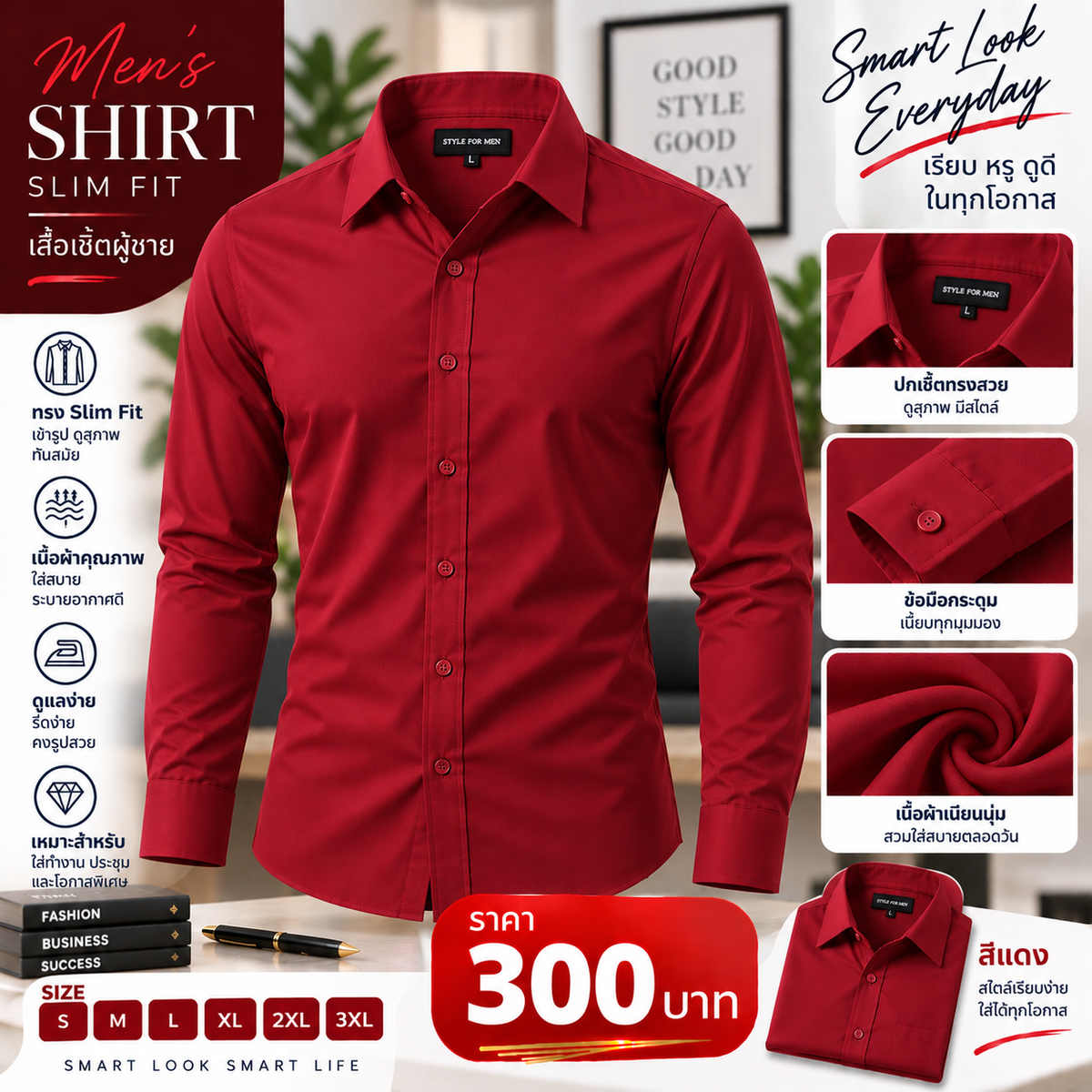 เสื้อเชิ้ตทรง Slim Fit สีแดง