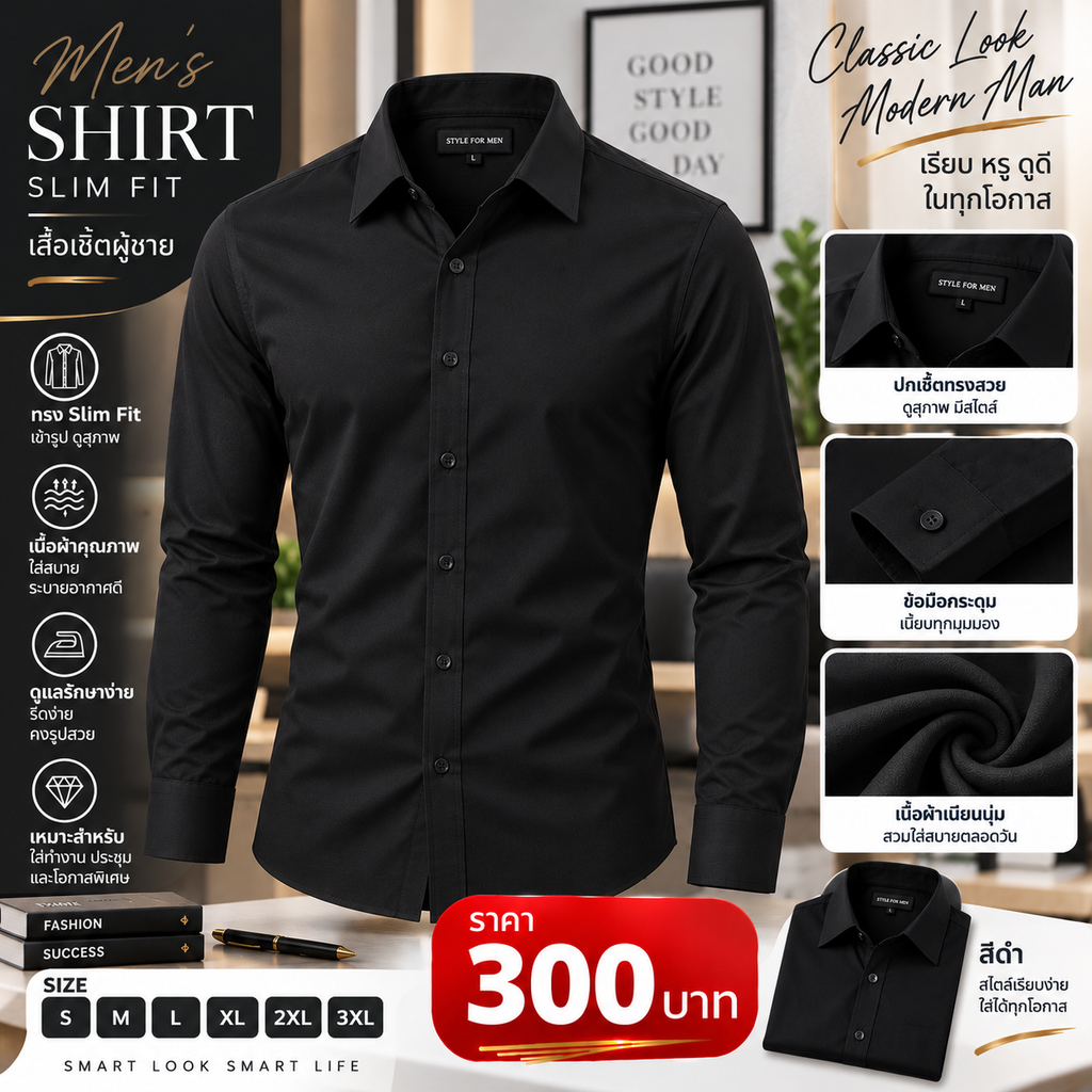 เสื้อเชิ้ตทรง Slim Fit สีดำ