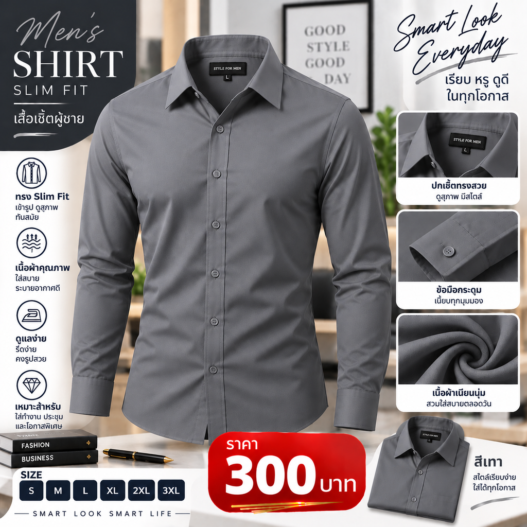 เสื้อเชิ้ตทรง Slim Fit สีเทา